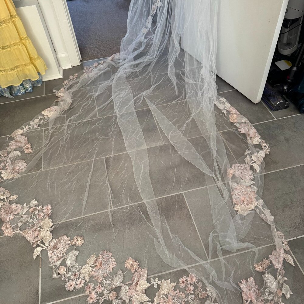Bridal Floor-Length Veil with Blush Floral Appliqué